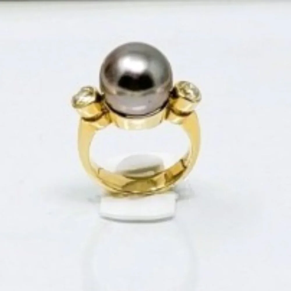 Vintage 14K Gold 12.2mm Black Cultured Pearl & 0.45ct Diamond Ring - Size 7.5